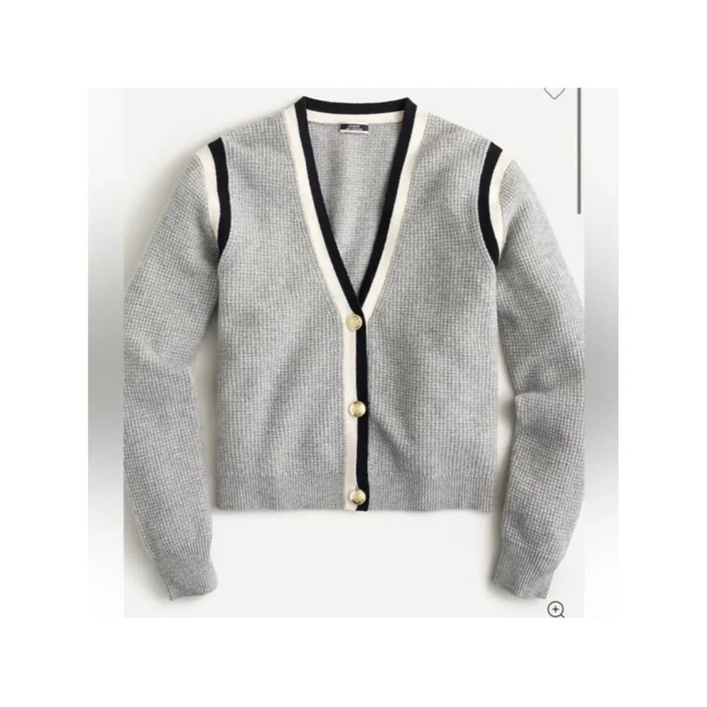 J Crew Sweater Waffle-Knit Cardigan 100% Cashmere in Grey XS Preppy Classic
